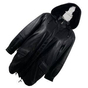 CHARLES KLEIN! CLASSIC BLACK GENUINE LEATHER PARKA STYLE ZIP OFF HOOD COAT! SZ L